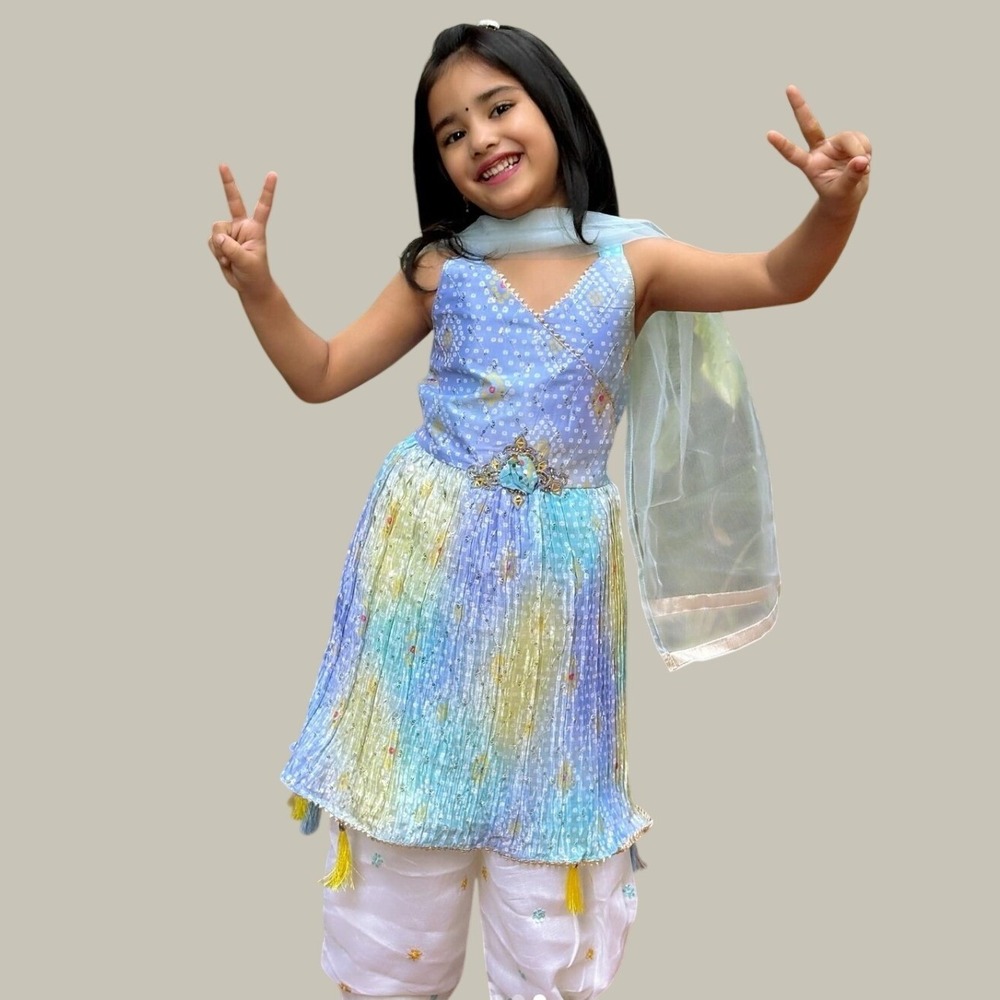 Girls Bandhani Tassel Dress Sz 6 Blue Ylw Pleated Ethnic Festive Bollywood Boho
